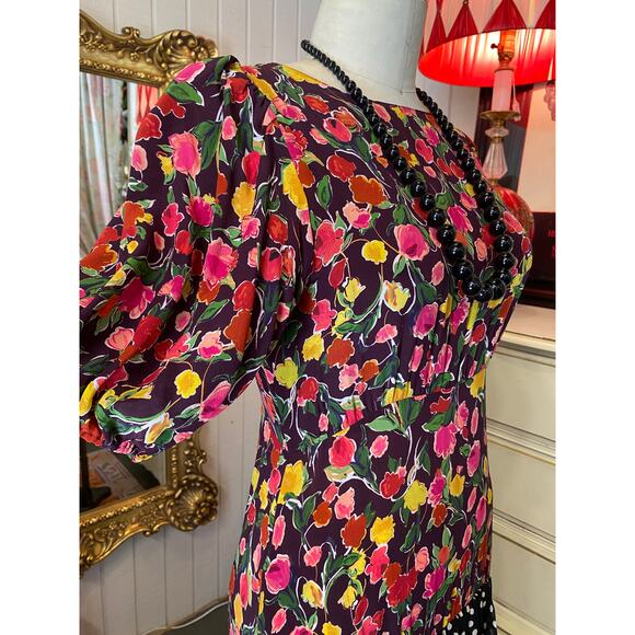 vintage style silk floral maxi dress backless puff sleeves med polka dot trim - Picture 3 of 11